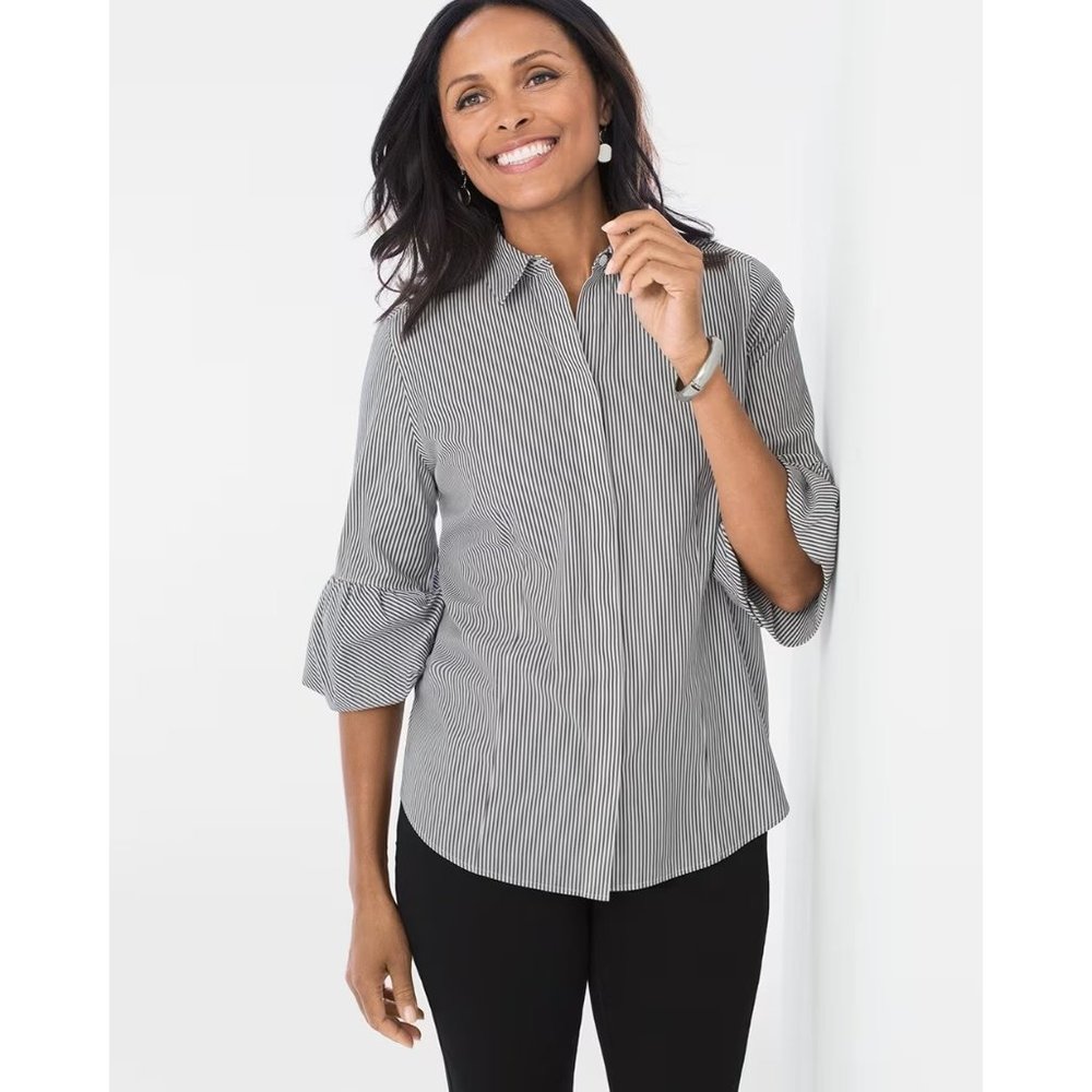 Chico's Top 0 Women's Small Gray White Striped Bubble Sleeve Button-Front Shirt